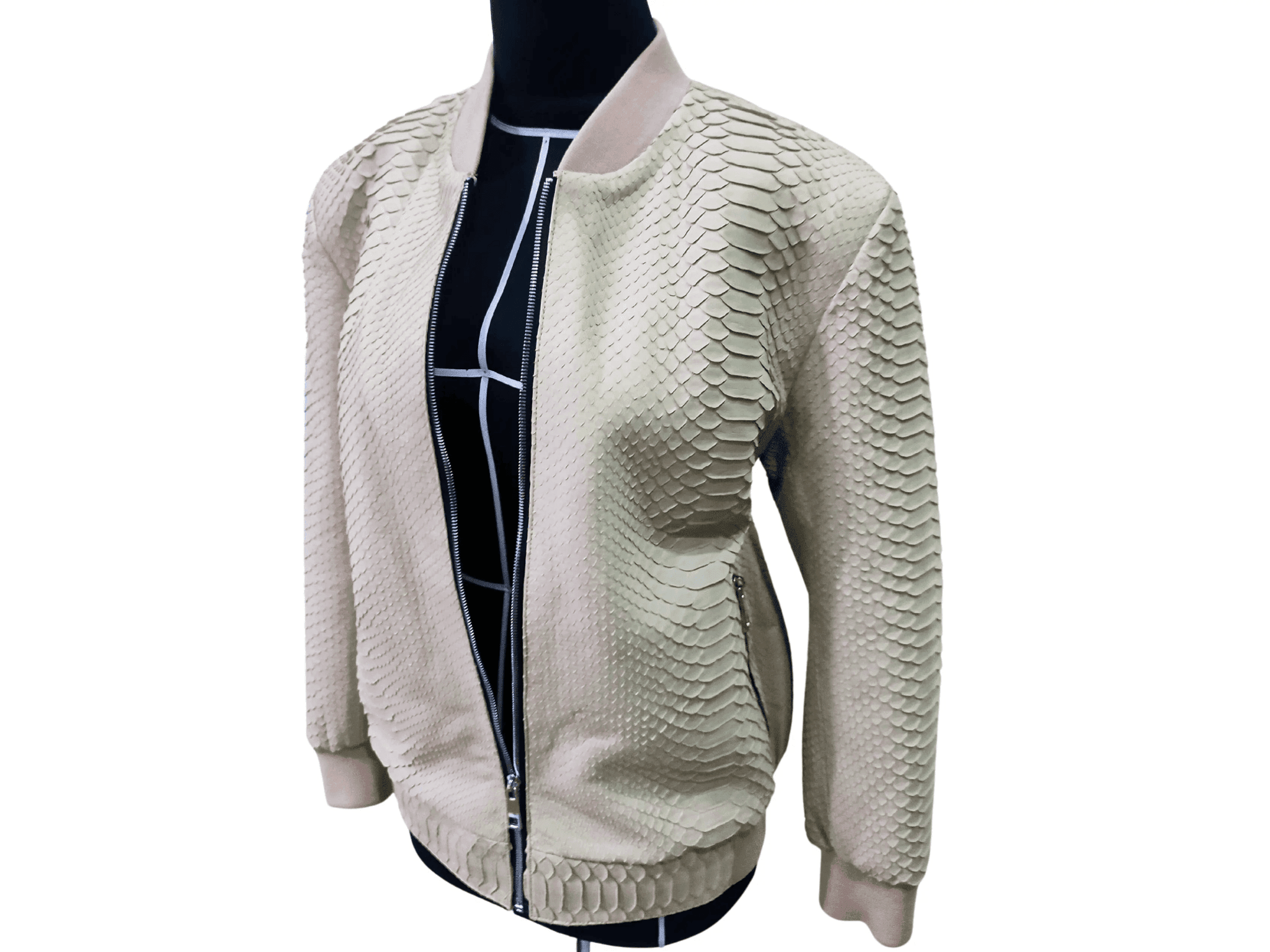 Cream python snakeskin bomber leather jacket, side view with front zipper and ribbed hem