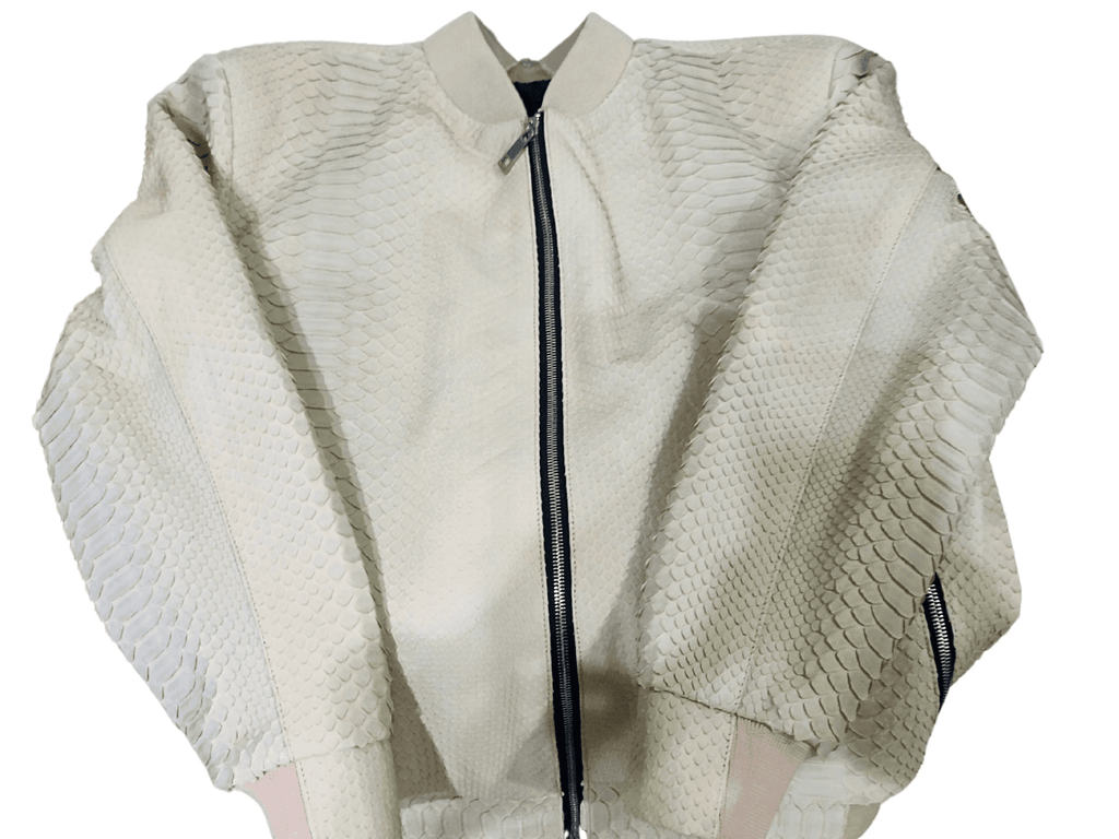 Cream python snakeskin bomber leather jacket front, full zipper and ribbed collar