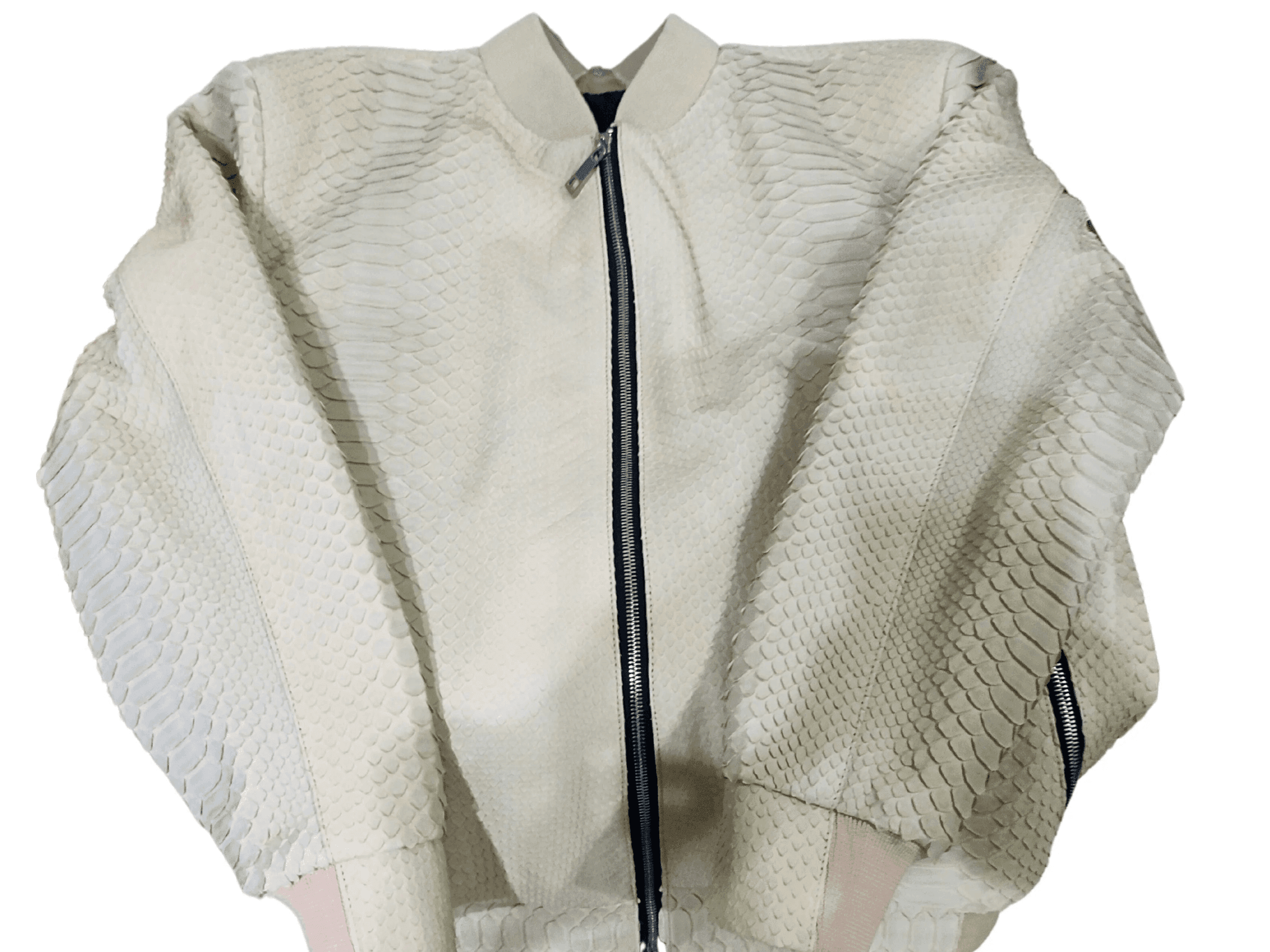 Cream python snakeskin bomber leather jacket front, full zipper and ribbed collar