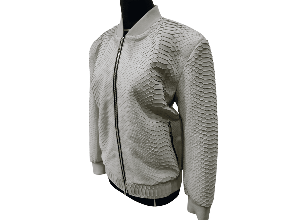 Cream python snakeskin bomber leather jacket, profile view with front zipper and ribbed cuffs
