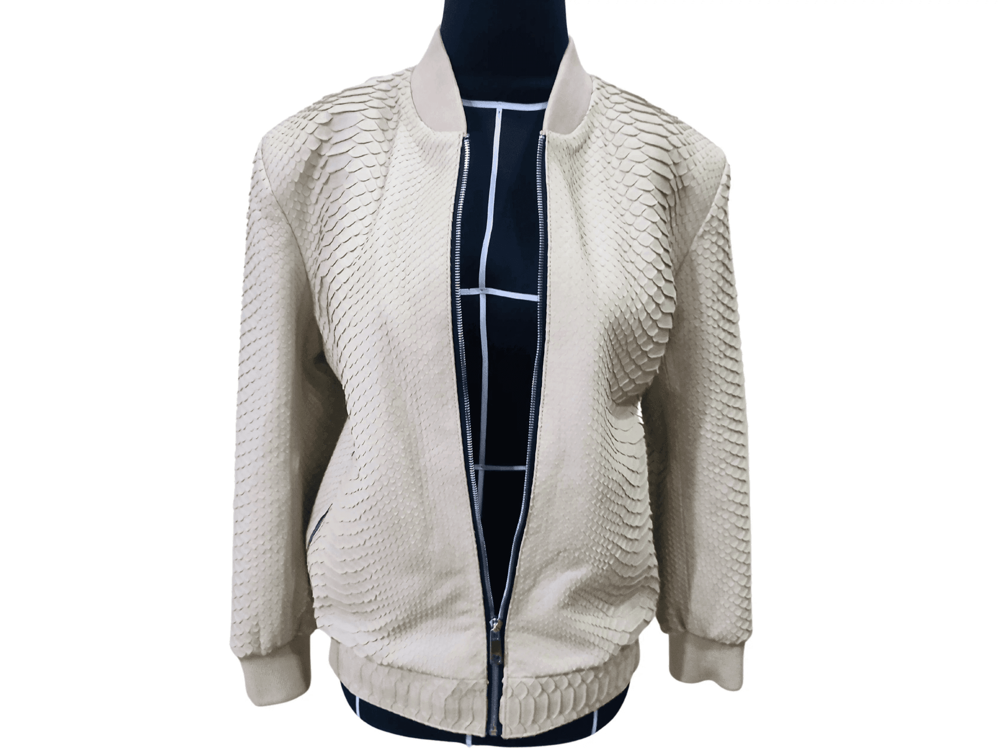 Cream python snakeskin bomber leather jacket with front zipper and ribbed collar, cuffs, hem