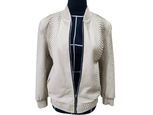 Cream python snakeskin bomber leather jacket with front zipper and ribbed collar, cuffs, hem