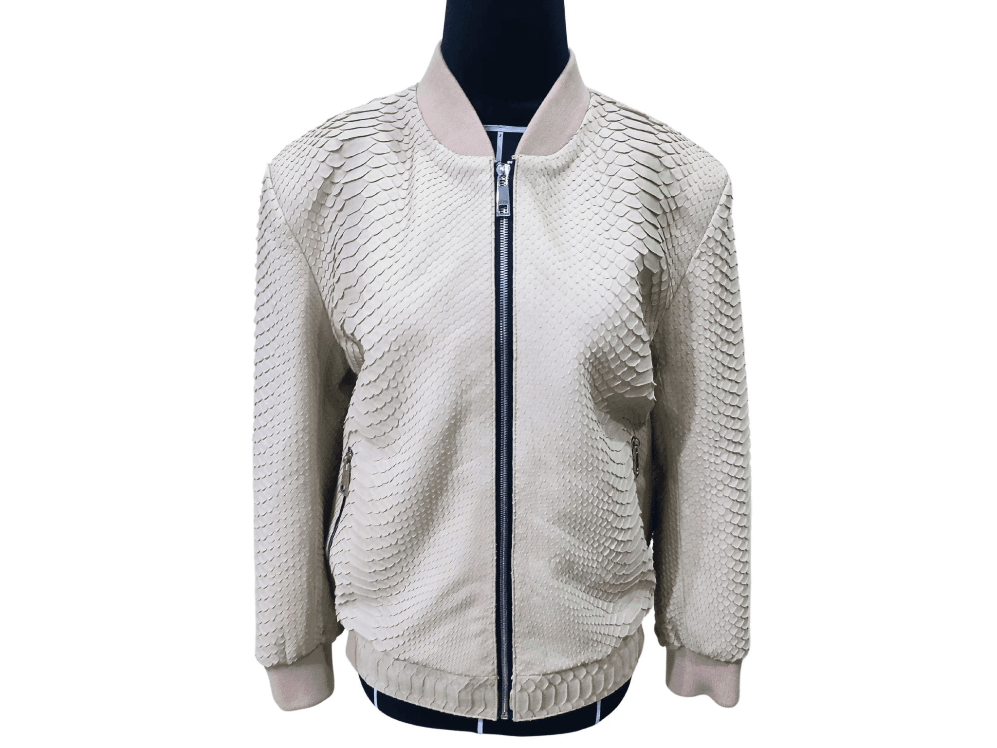 Cream python bomber leather jacket, front zipper, stand collar, ribbed cuffs and hem