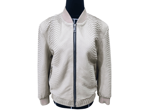 Cream python bomber leather jacket, front zipper, stand collar, ribbed cuffs and hem