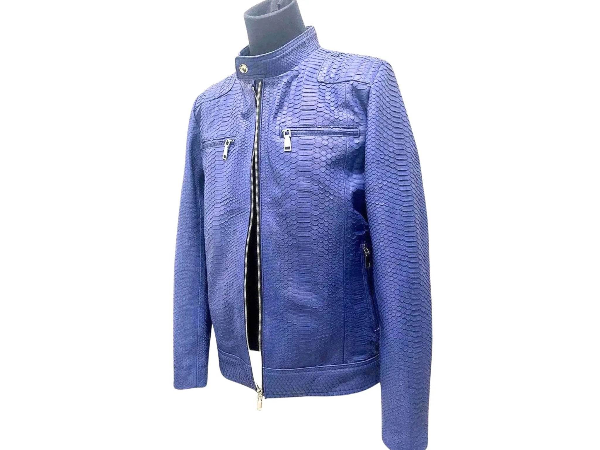 Dark blue snakeskin leather jacket with zip front and snap pockets