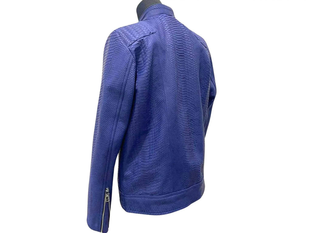 Dark blue snakeskin leather jacket back view with stand collar and zip cuff