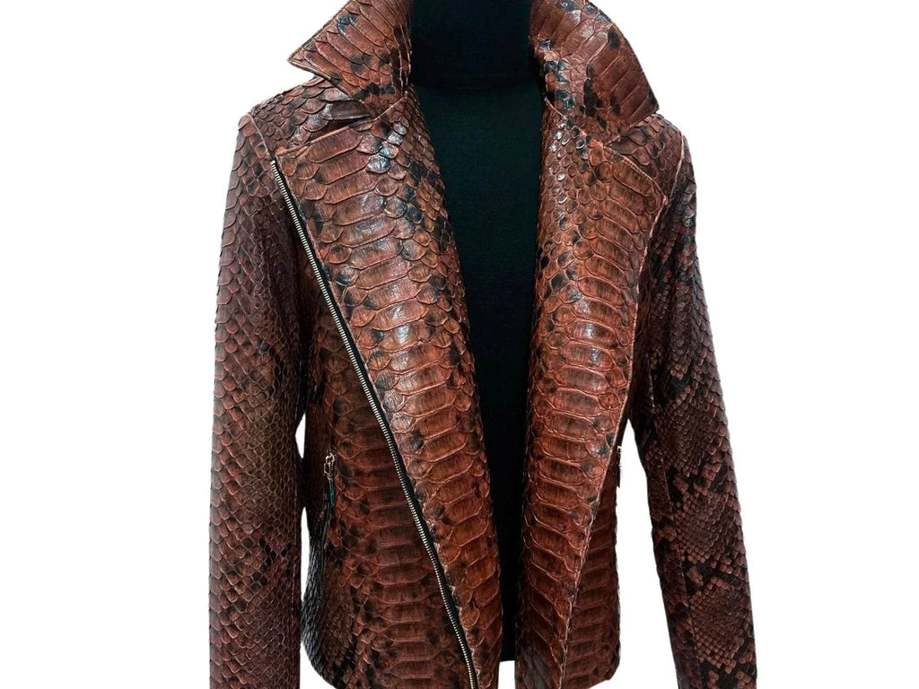 Python-pattern jacket with asymmetrical zip, dark brown, open front and teal lining.