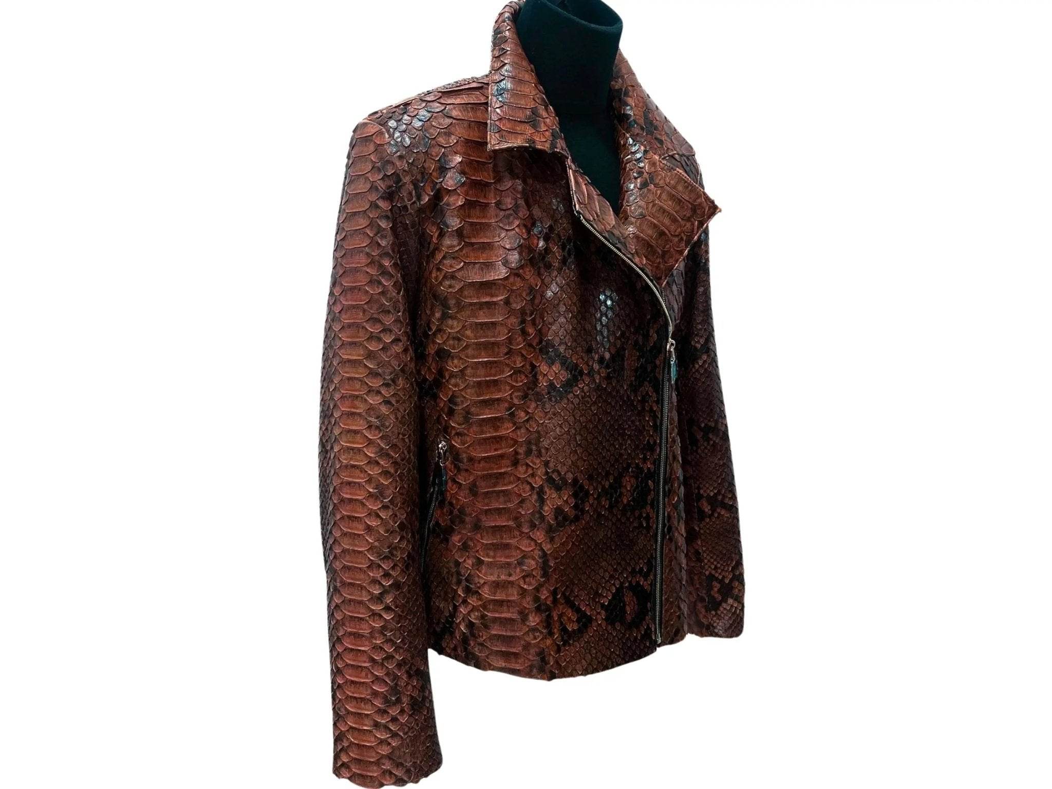 Python-pattern jacket with asymmetrical zip and notch collar, dark brown.