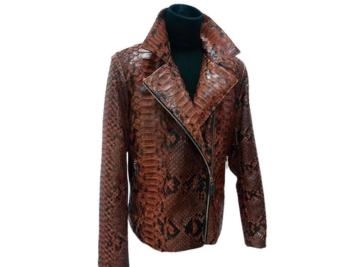Python-pattern biker jacket, dark brown with asymmetrical zip and stand collar.