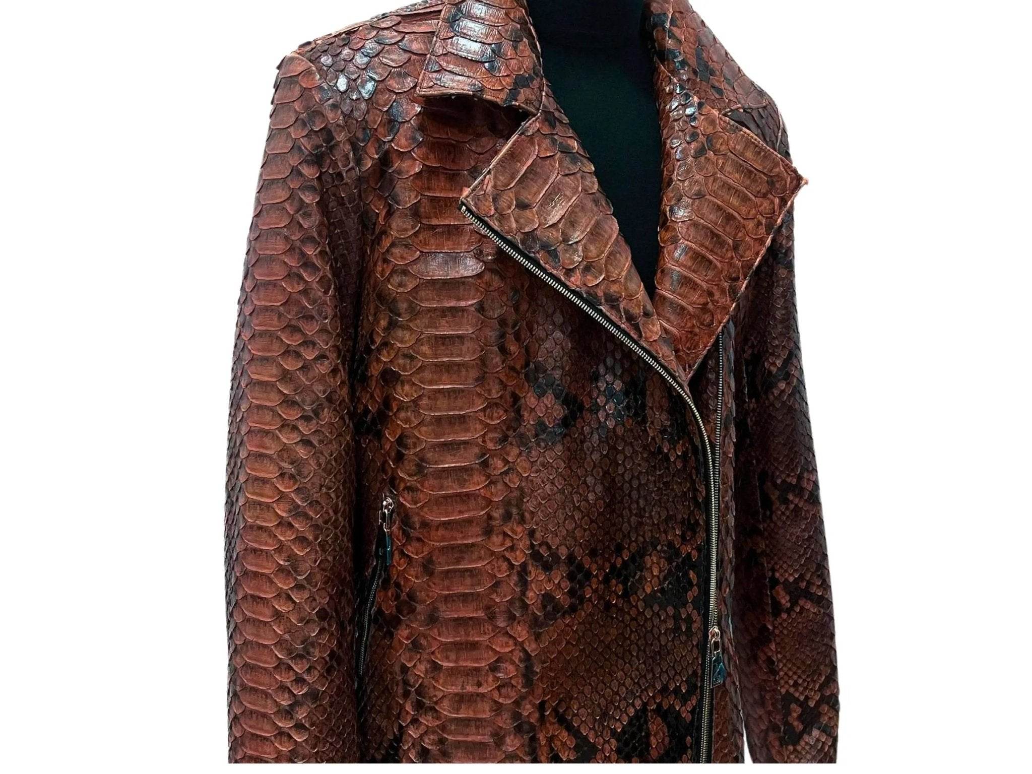 Python-pattern jacket neckline with asymmetrical zip, dark brown and teal accents.