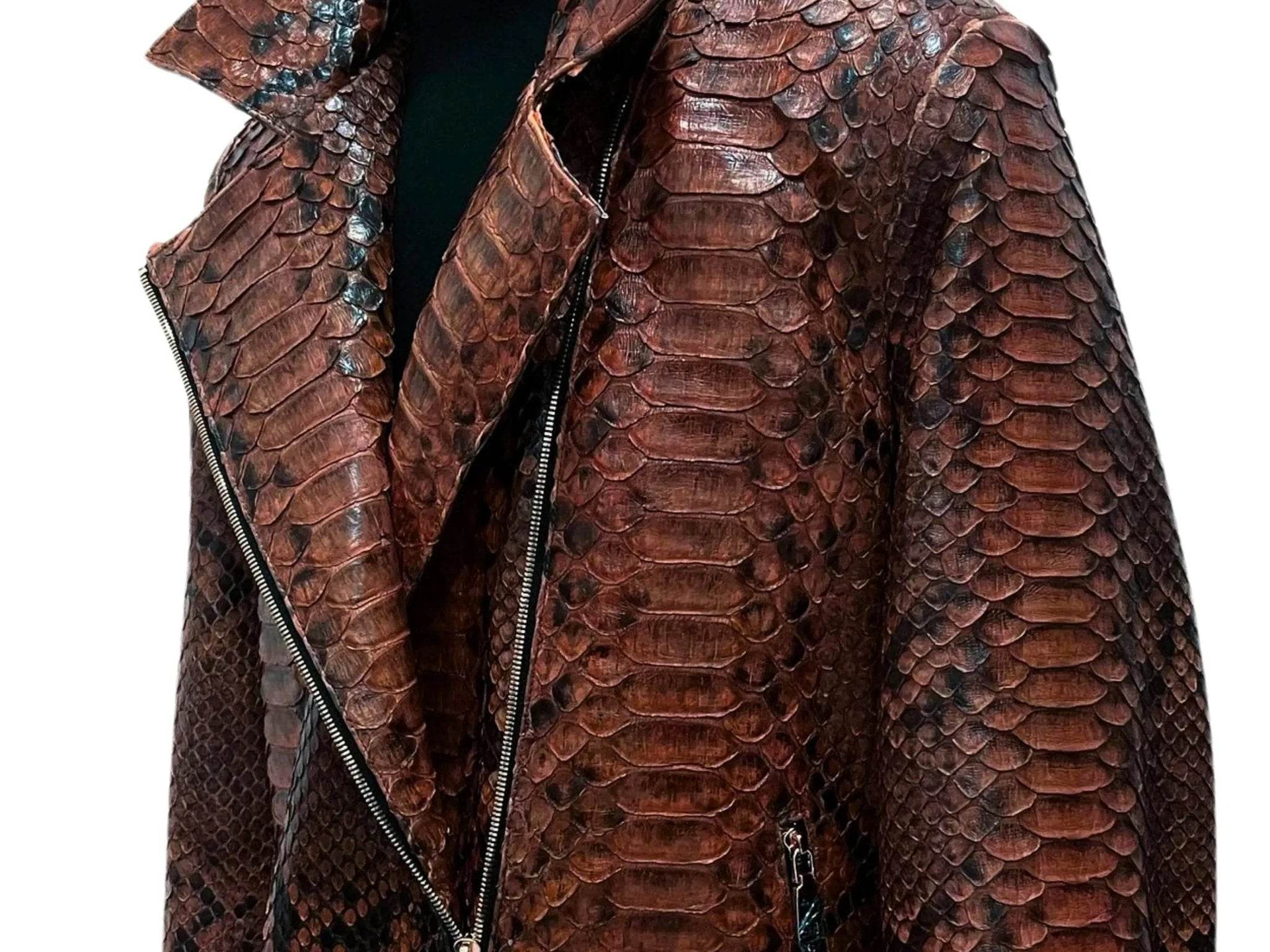 Python-pattern jacket detail with asymmetrical zip, dark brown and teal accents.