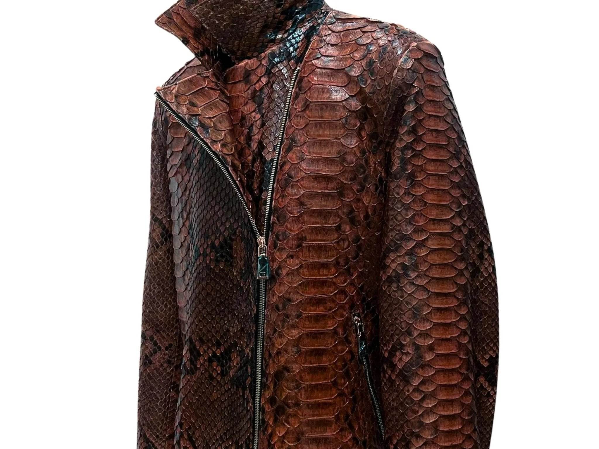Python-pattern jacket with asymmetrical zip seam and teal lining, dark brown.