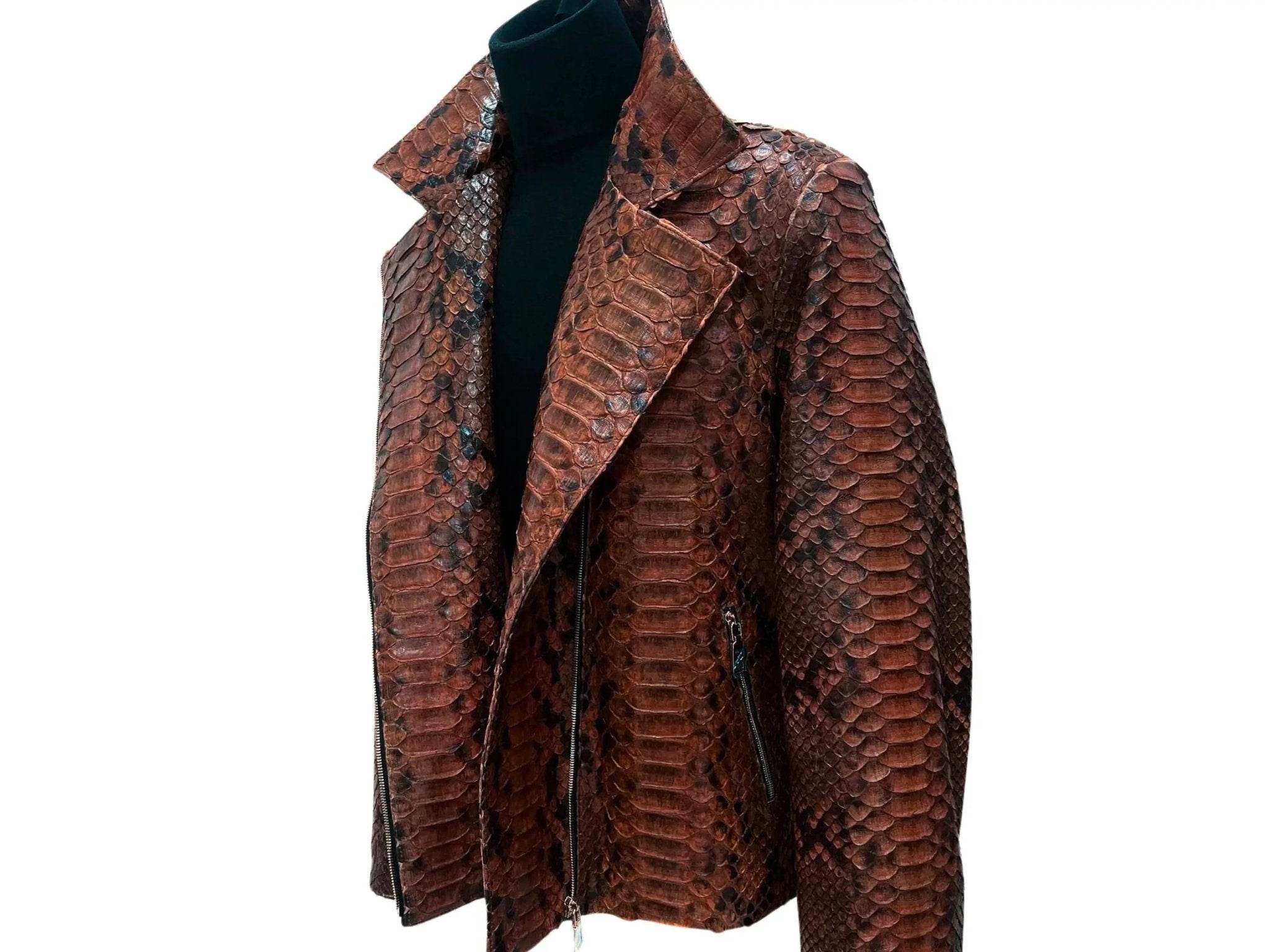 Python-pattern jacket with notched lapel and asymmetrical front zip, dark brown.