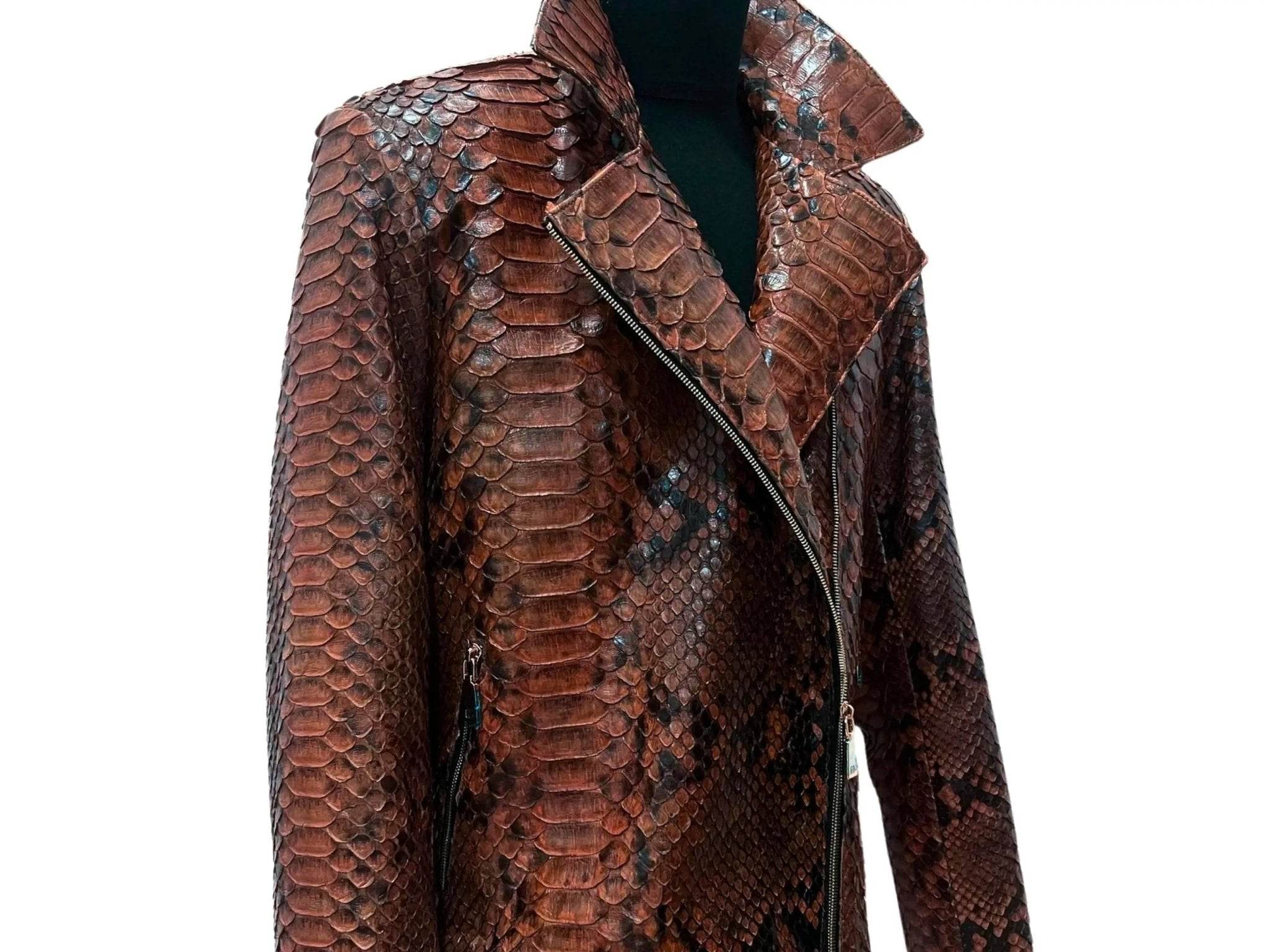 Python-pattern jacket with asymmetrical zip and point collar, dark brown.
