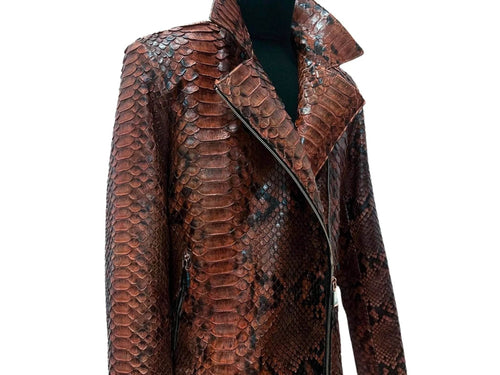 Python-pattern jacket with asymmetrical zip and point collar, dark brown.