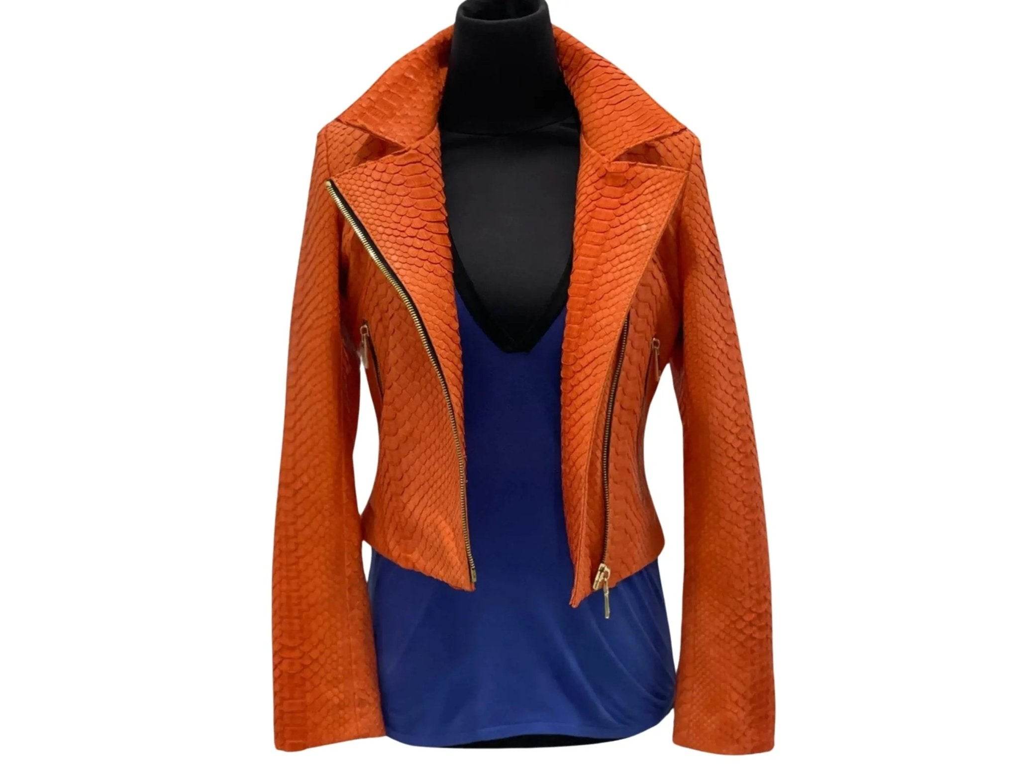 Orange snakeskin leather jacket with zip front and structured shoulders