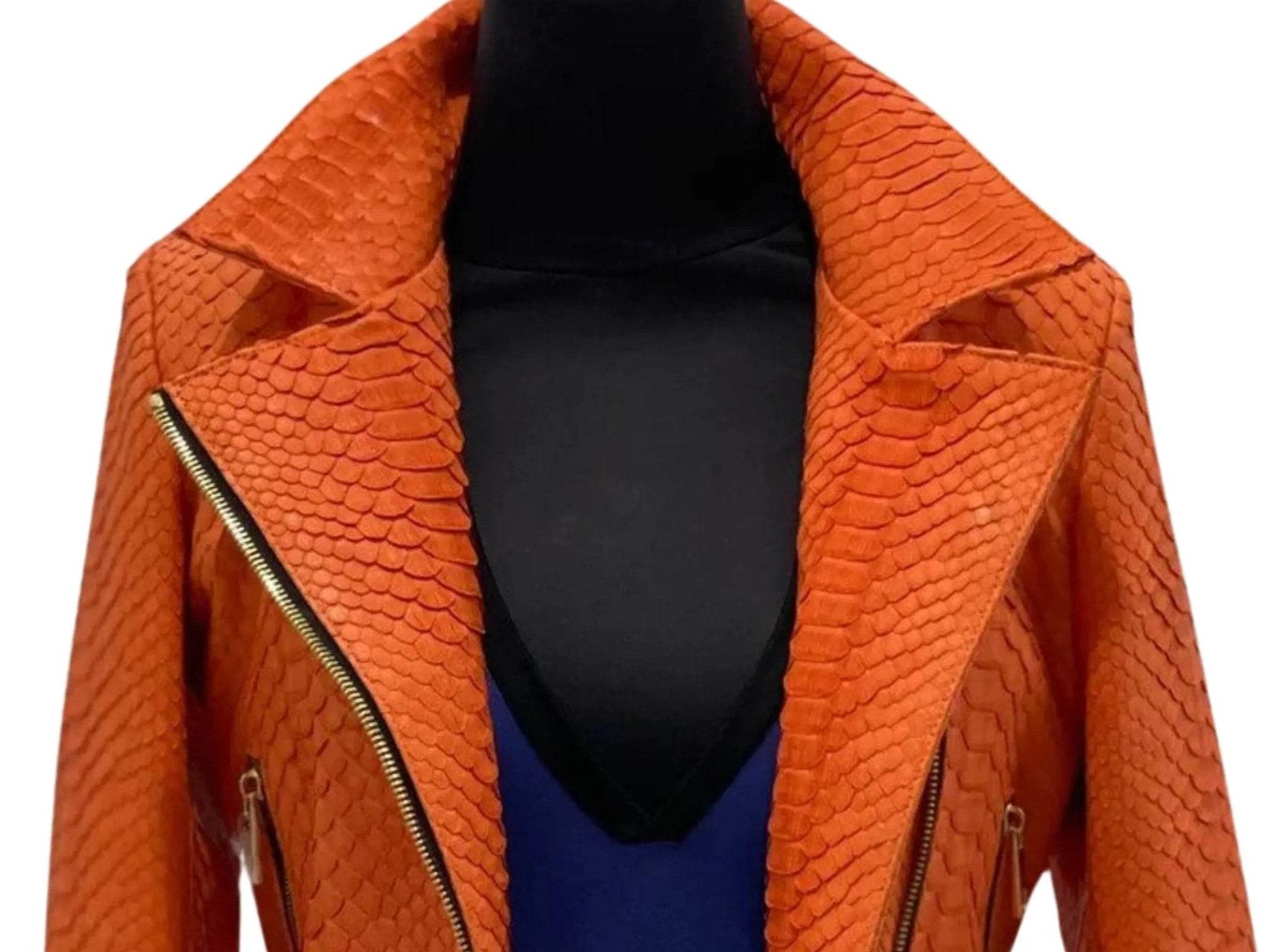 Orange snakeskin leather jacket close-up of zip front and wide collar