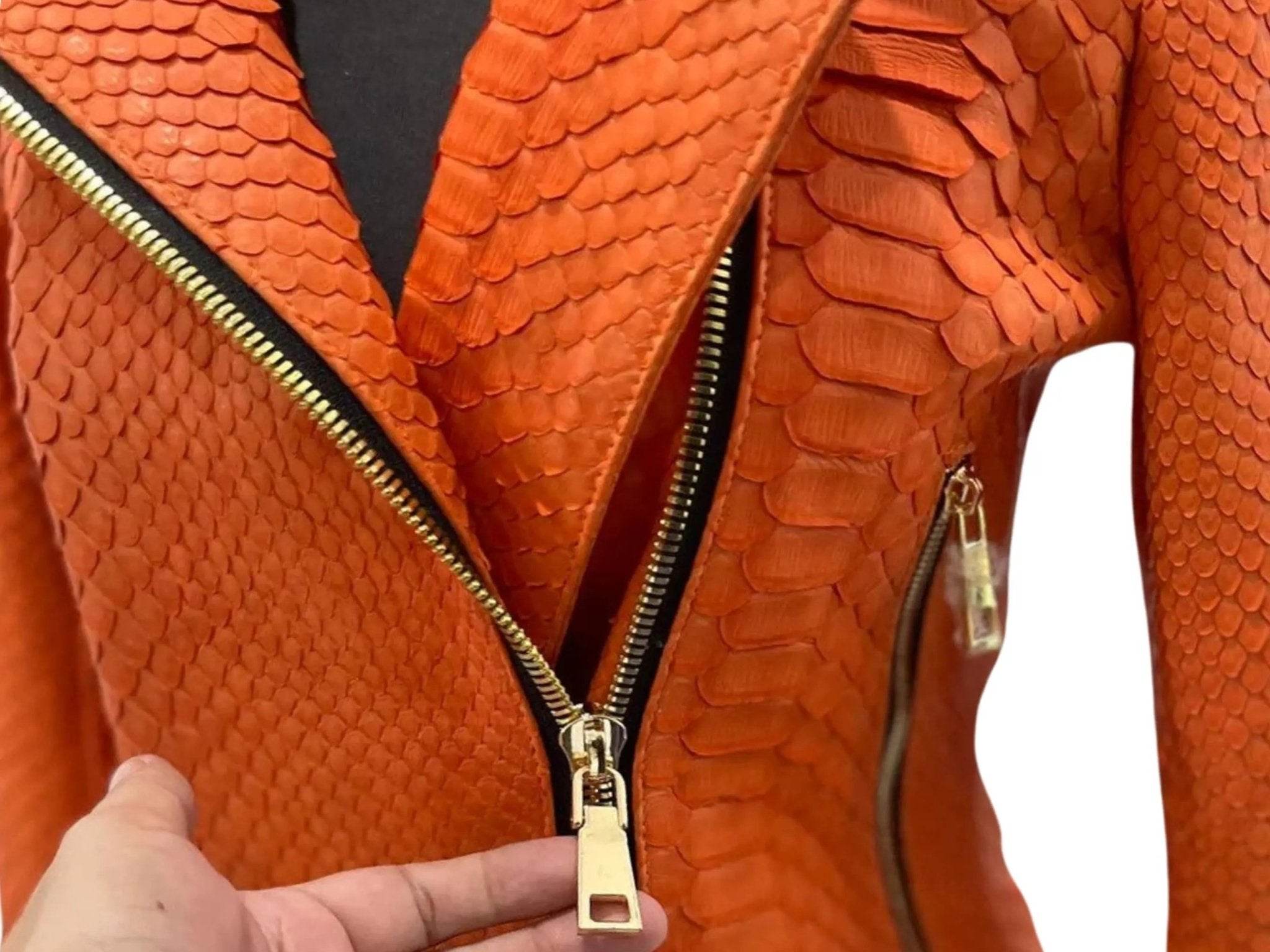 Orange snakeskin leather jacket front with two brass zip pulls
