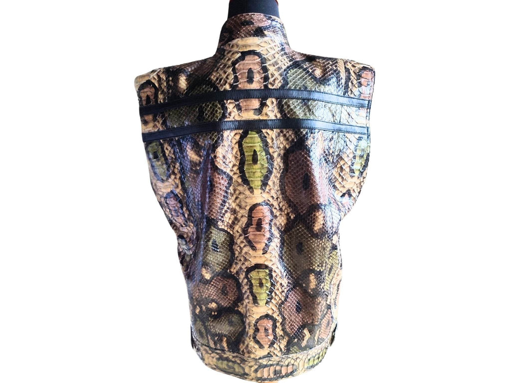 Back view snakeskin-pattern leather motorcycle vest with stand collar and full-zip