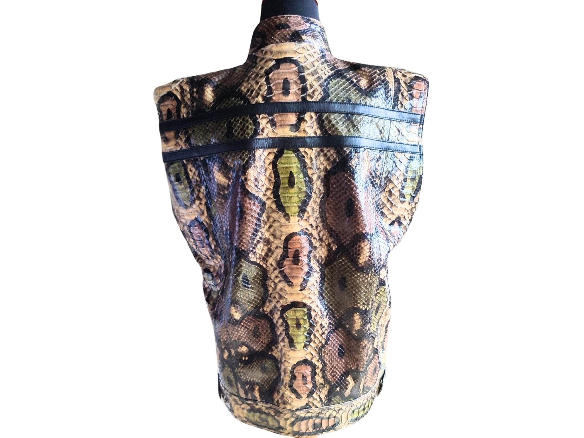 Back view snakeskin-pattern leather motorcycle vest with stand collar and full-zip