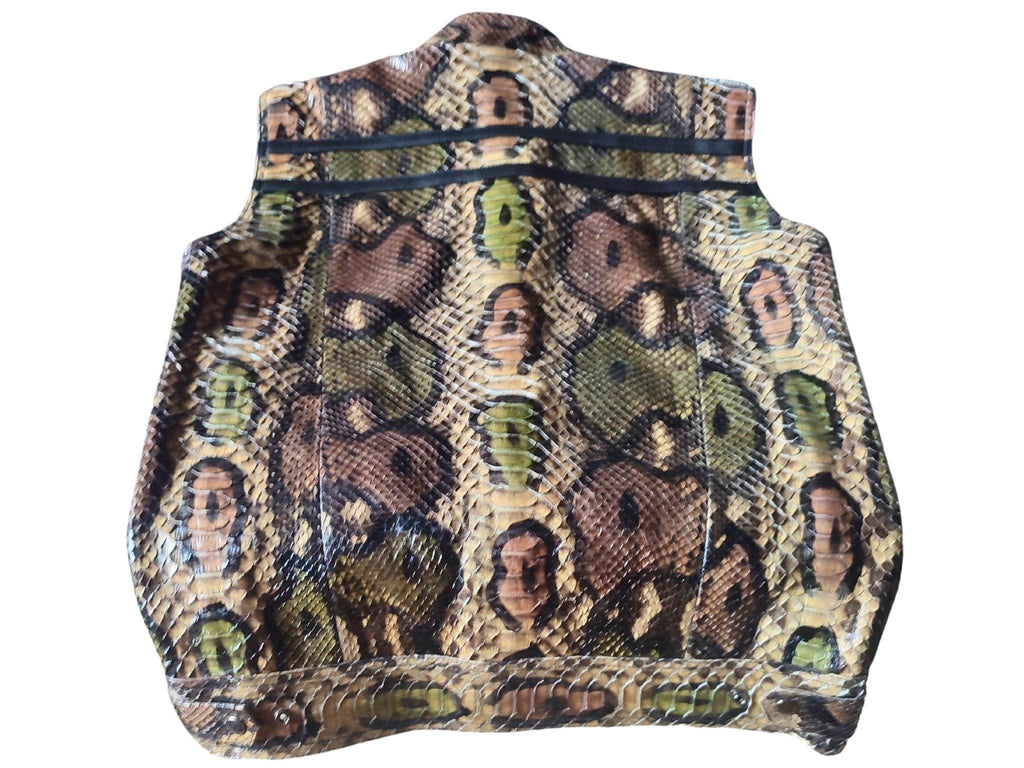 Snakeskin-pattern leather motorcycle vest with high neck and zipper front, multicolor scales