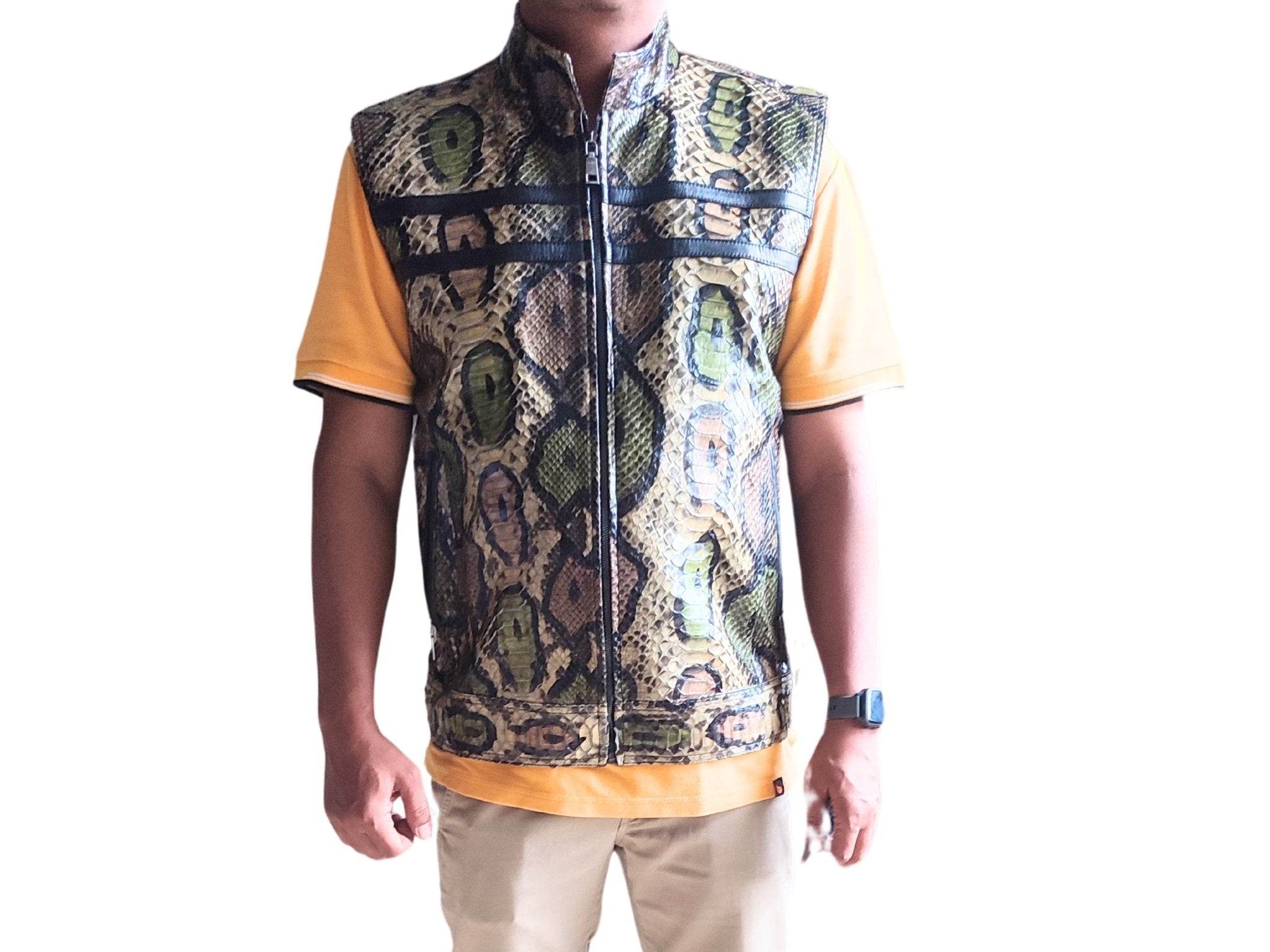 Snakeskin-pattern leather motorcycle vest with front zipper, multicolor scale print
