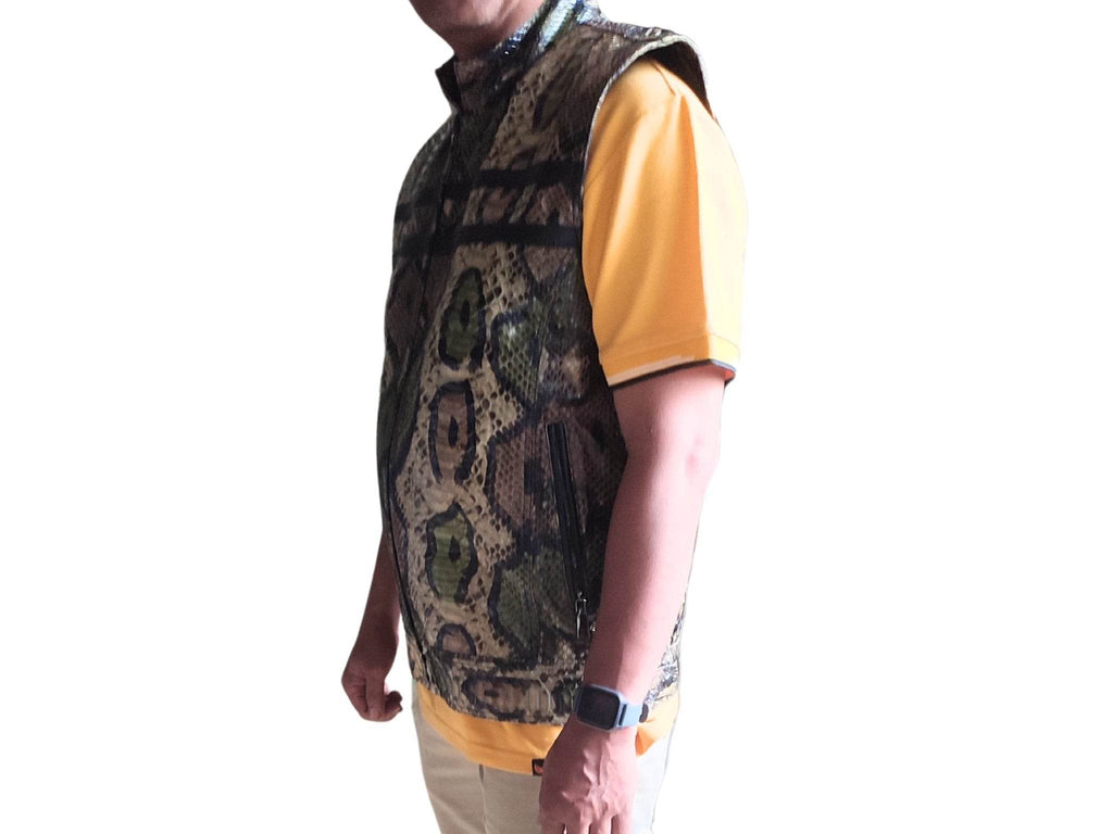 Snakeskin-pattern leather motorcycle vest with stand collar and front zipper