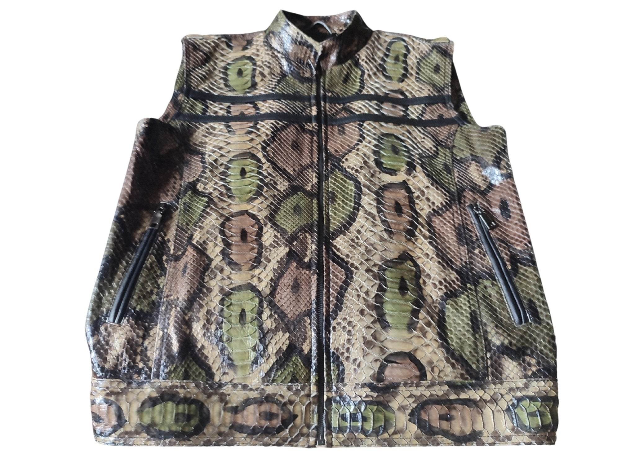 Snakeskin-pattern leather motorcycle vest, front view, zip closure and angled pockets