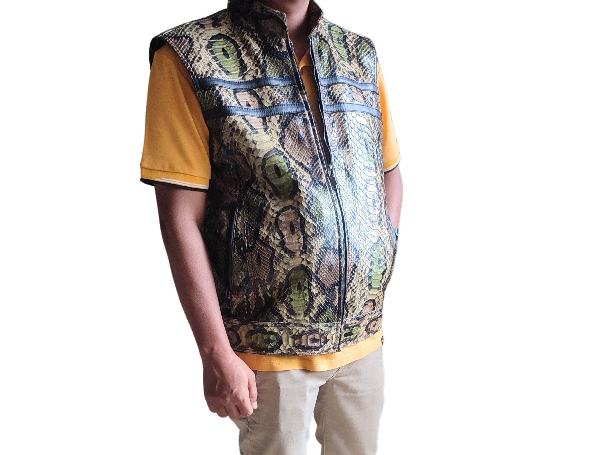 Front three-quarter view snakeskin-pattern leather motorcycle vest with zip and stripe trim