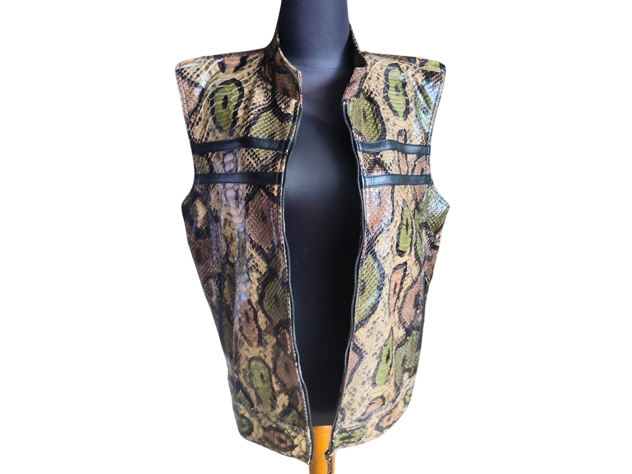 Snakeskin-pattern leather motorcycle vest with open front and side panels on mannequin