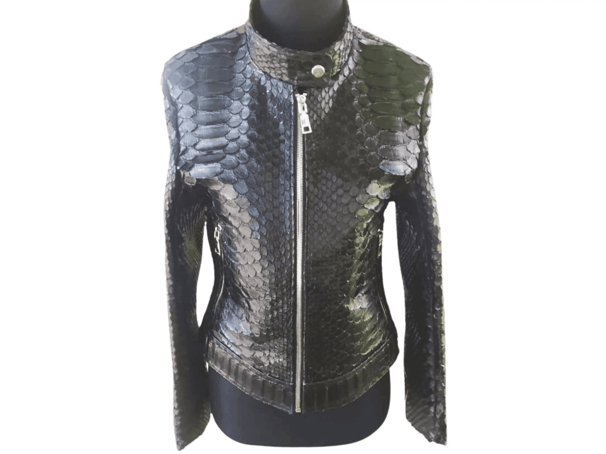 Women’s genuine snakeskin motorcycle jacket, full-zip with stand collar and zip pockets