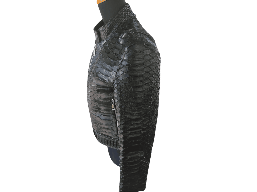 Women’s genuine snakeskin motorcycle jacket, side view with zip front and fitted sleeves