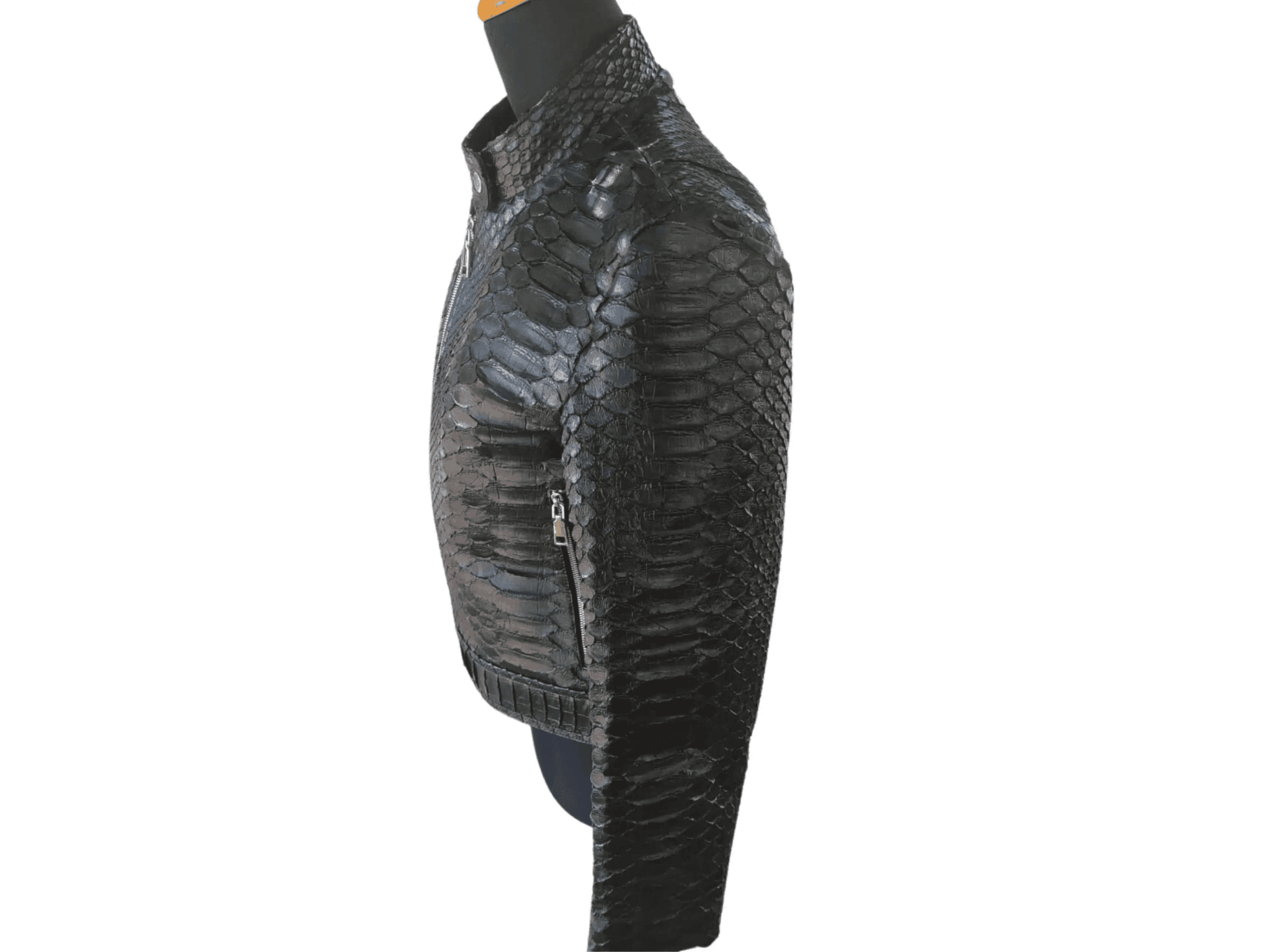 Women’s genuine snakeskin motorcycle jacket, side view with zip front and fitted sleeves