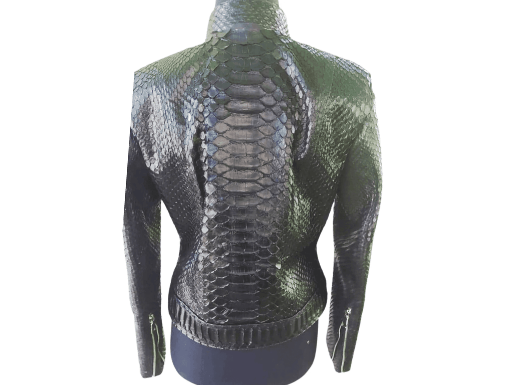 Women’s genuine snakeskin motorcycle jacket, back view with stand collar and zip seam