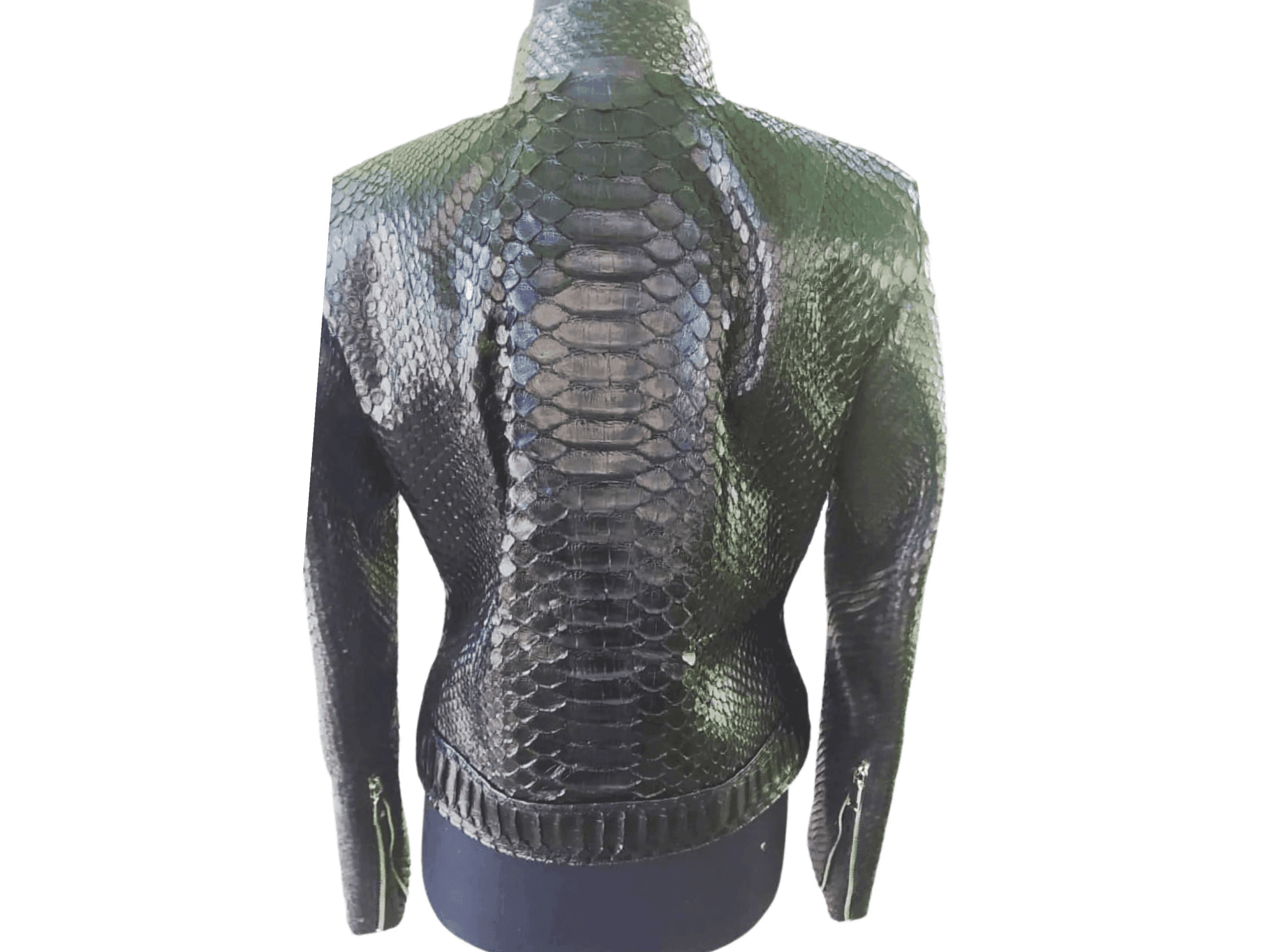 Women’s genuine snakeskin motorcycle jacket, back view with stand collar and zip seam