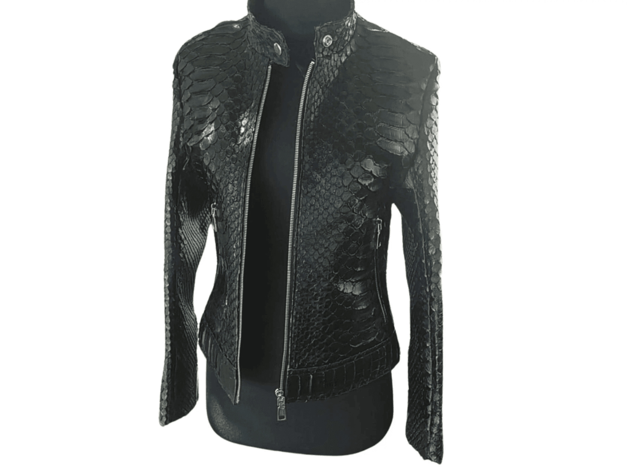 Women’s genuine snakeskin motorcycle jacket, front view with vertical zip and snap collar