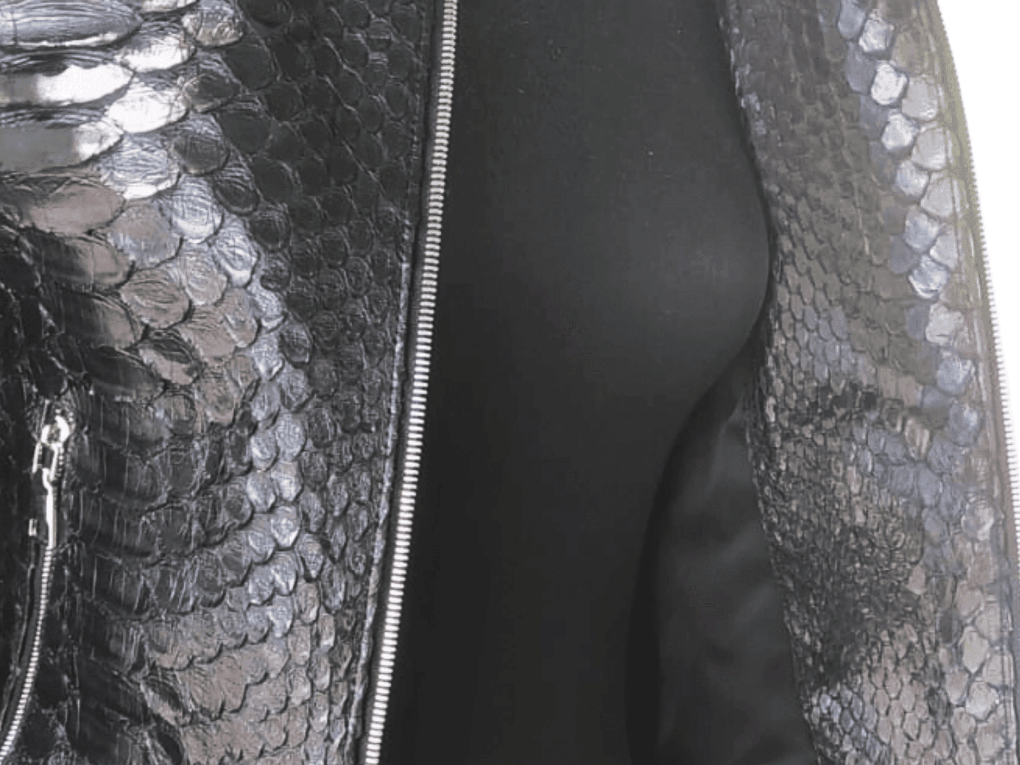 Close-up of genuine snakeskin motorcycle jacket: textured leather panel and zipper