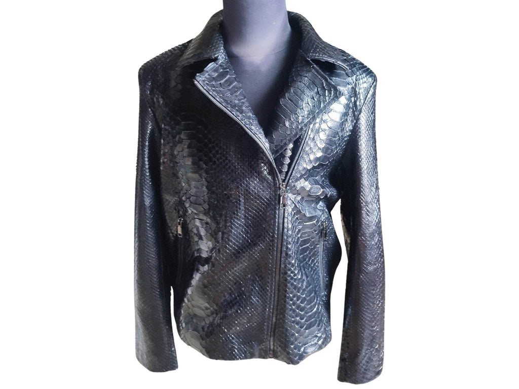 Glossy black snakeskin motorcycle leather jacket, front zip with stand collar