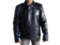Glossy black snakeskin motorcycle leather jacket, front zip and shoulder detailing