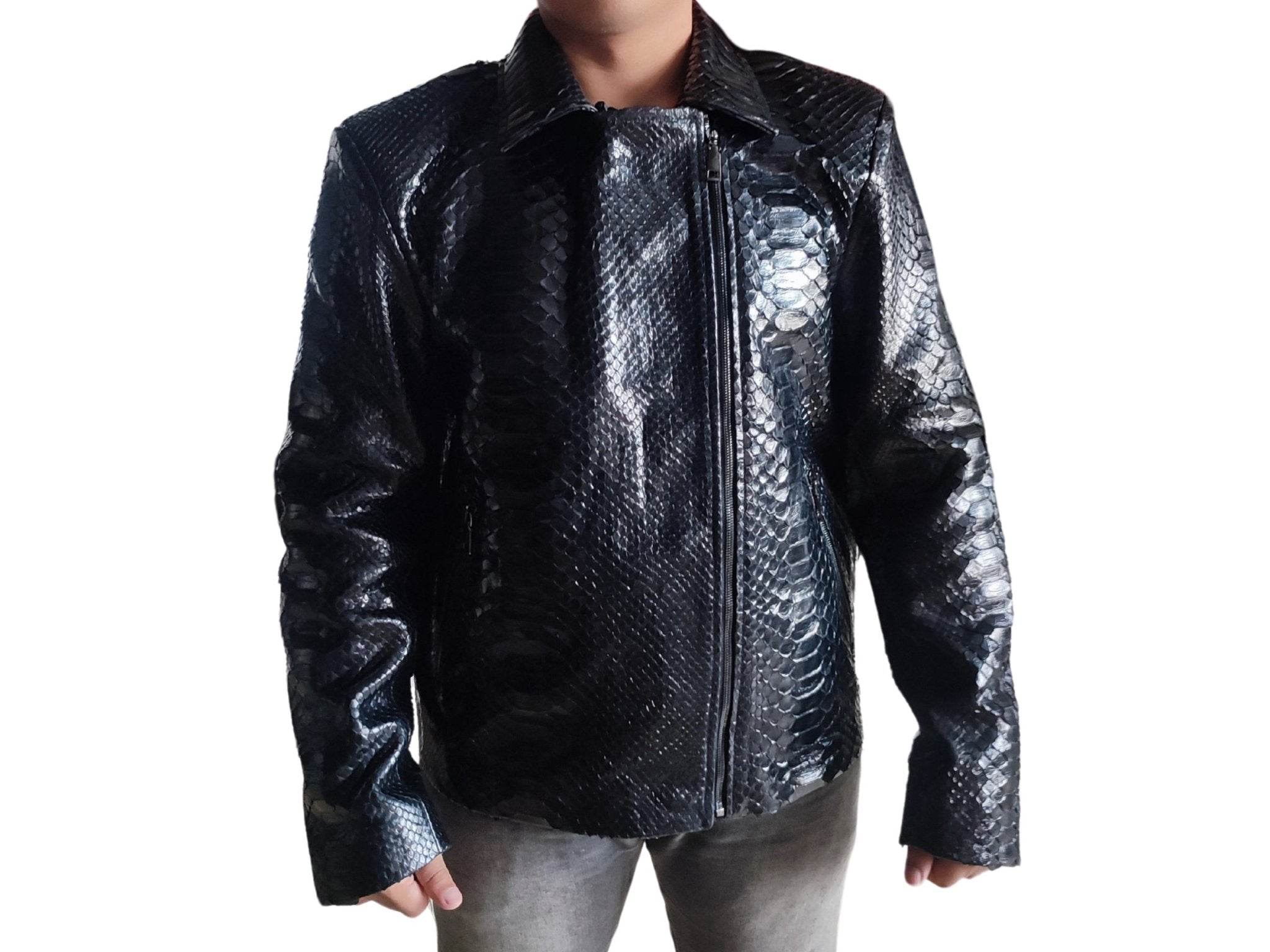 Glossy black snakeskin motorcycle leather jacket, front zip and shoulder detailing