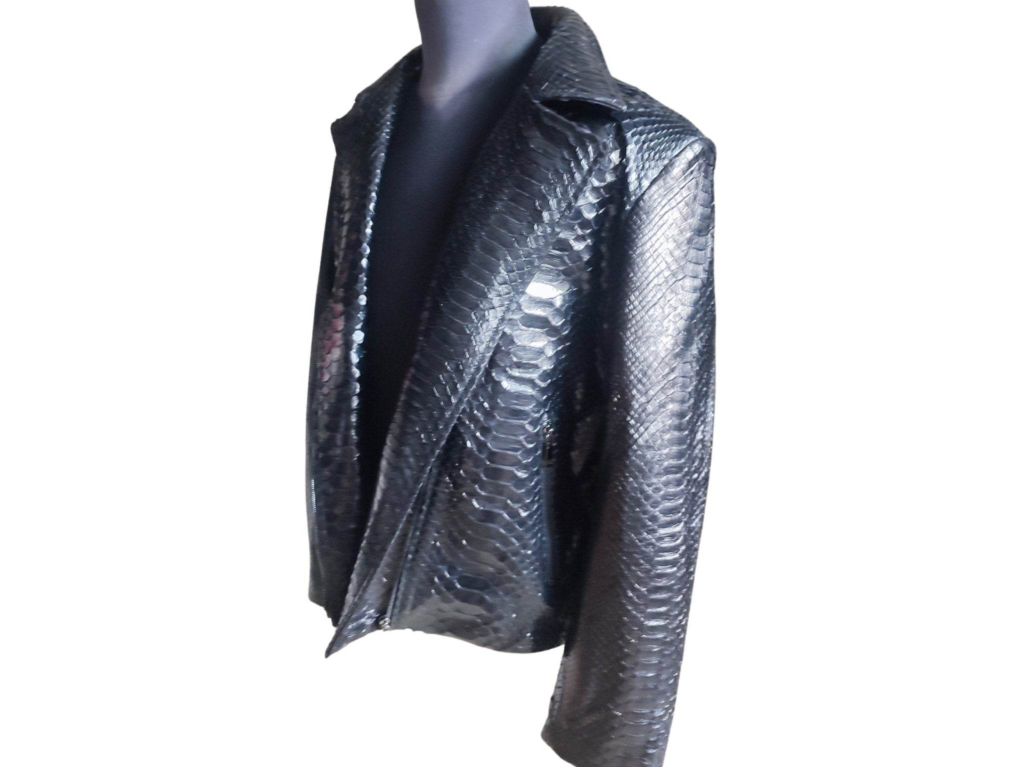 Glossy black snakeskin motorcycle leather jacket, angled front view with stand collar