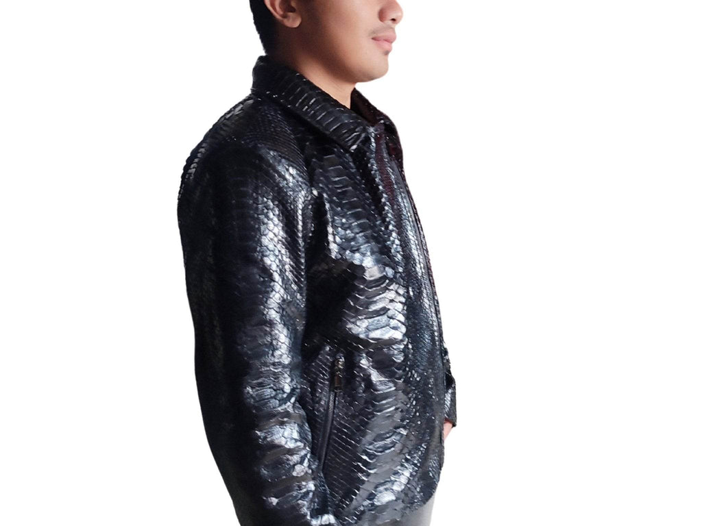 Glossy black snakeskin motorcycle leather jacket, side front view with glossy sheen