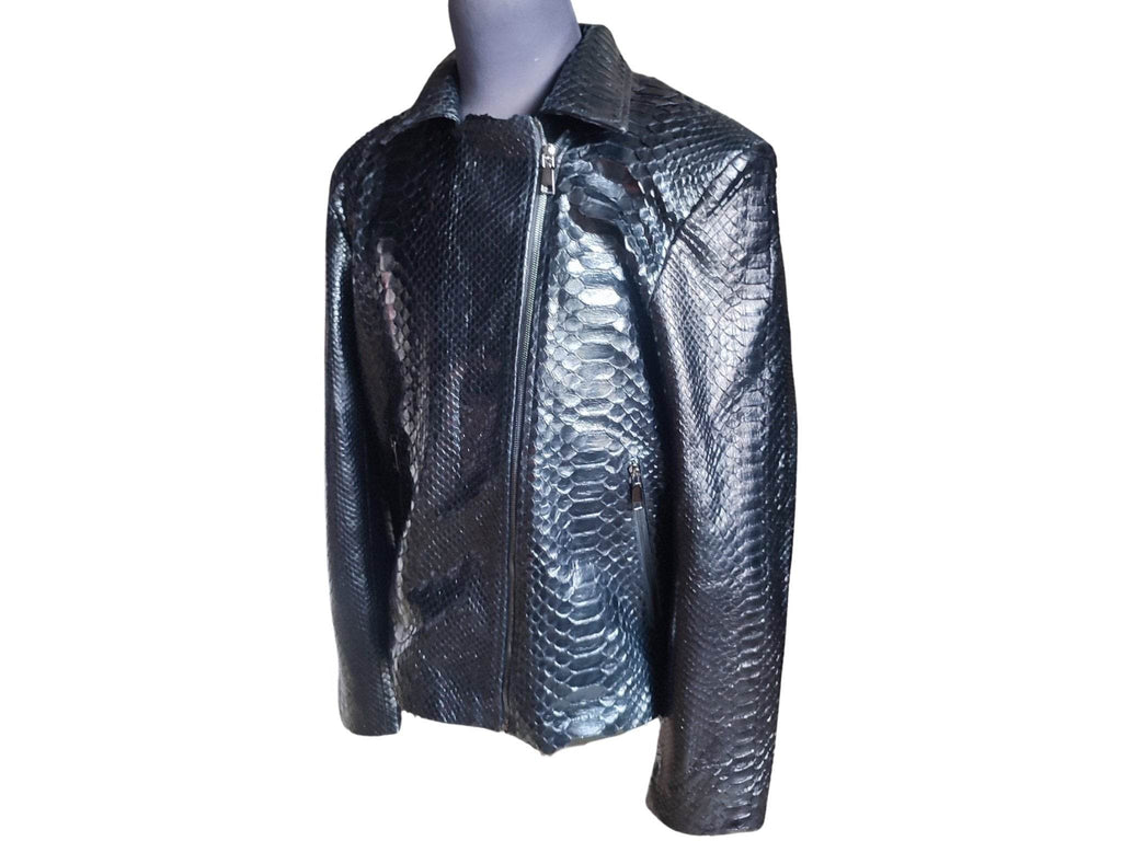 Glossy black snakeskin motorcycle leather jacket, front zip view with stand collar