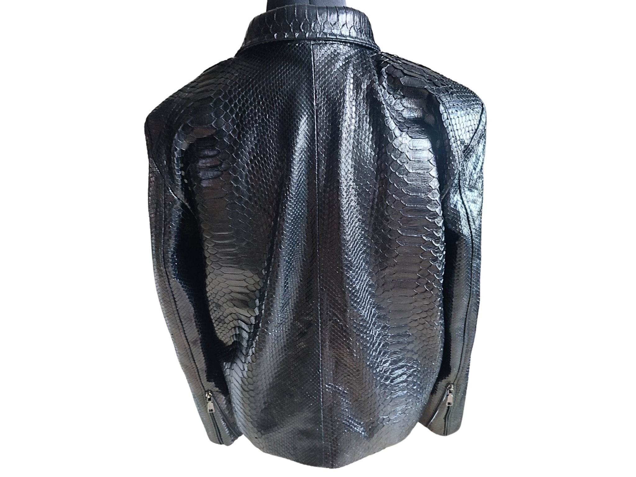 Glossy black snakeskin motorcycle leather jacket, back view with stand collar