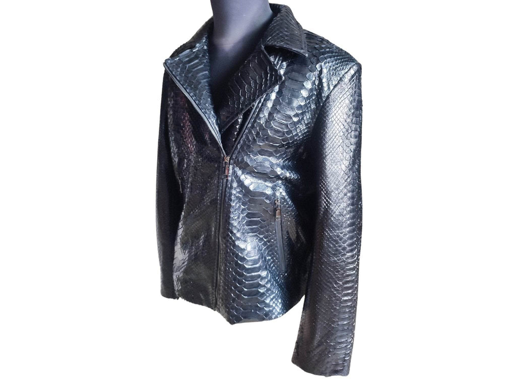 Glossy black snakeskin motorcycle leather jacket, front angle view with zip closure