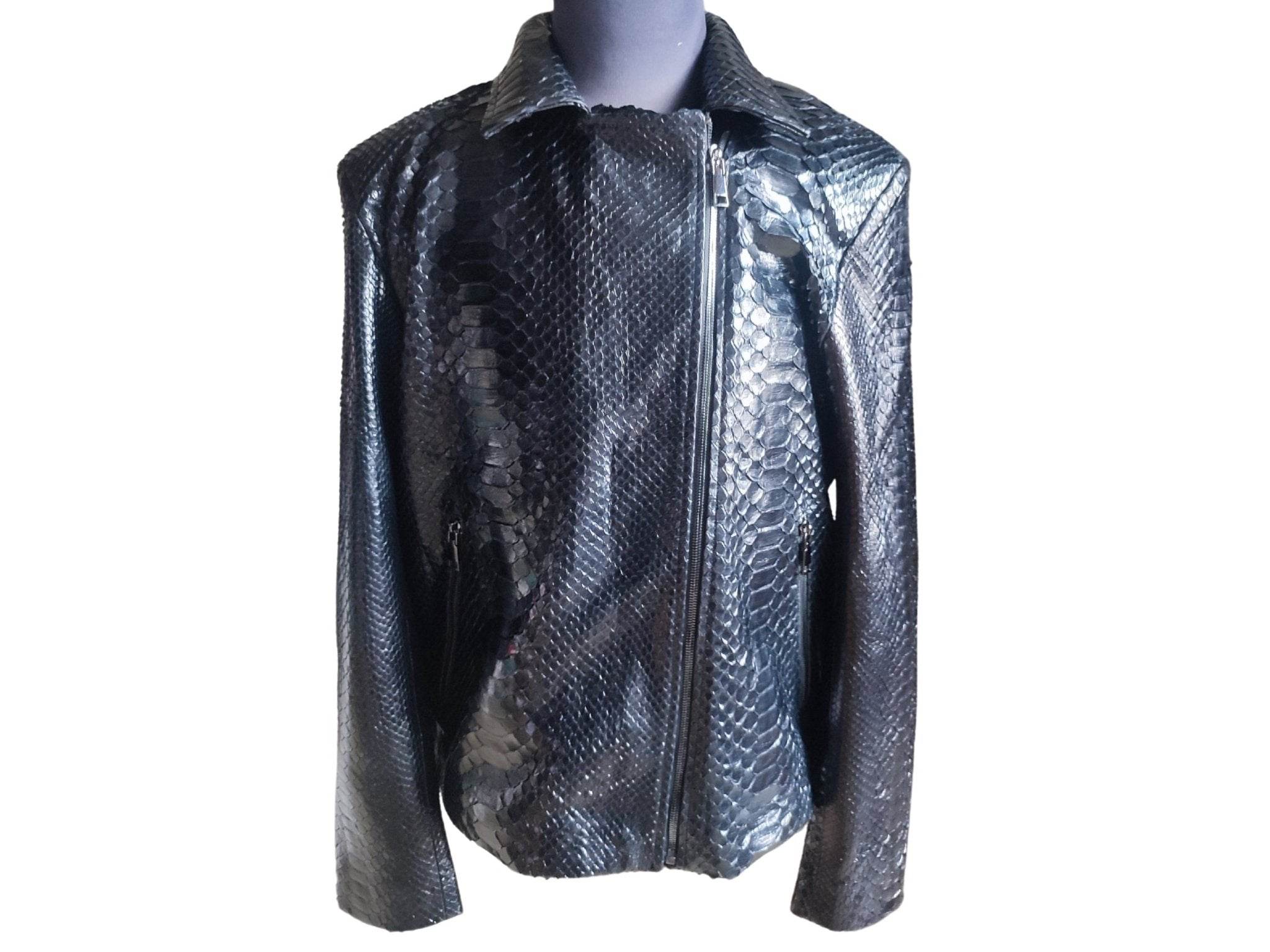 Glossy black snakeskin motorcycle leather jacket, front view with textured panels