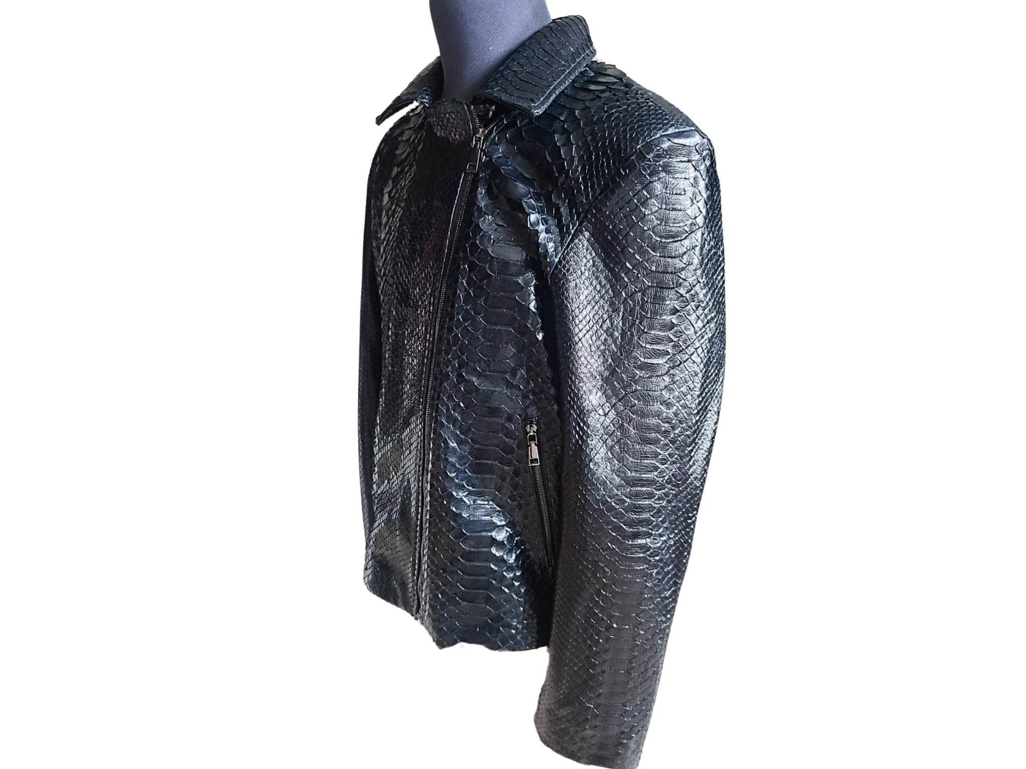 Glossy black snakeskin motorcycle leather jacket with zippered front and shoulder detail