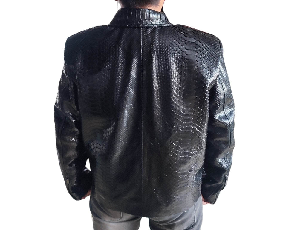 Glossy black snakeskin motorcycle leather jacket, back view with quilted-like texture