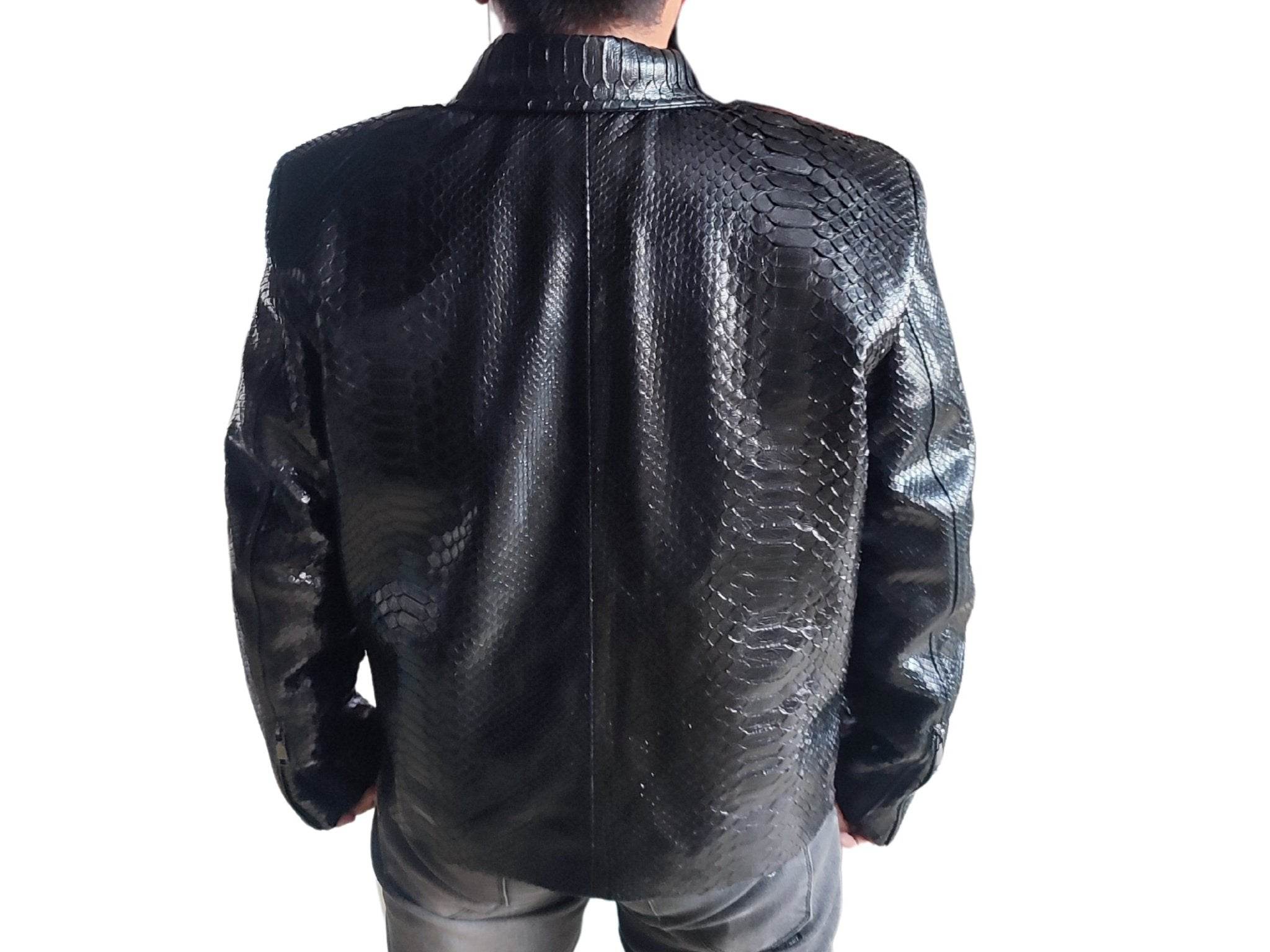 Glossy black snakeskin motorcycle leather jacket, back view with quilted-like texture