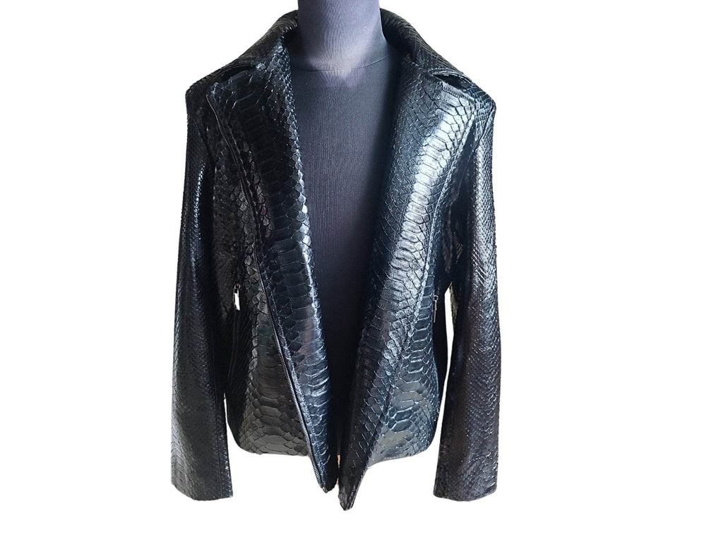 Glossy black snakeskin motorcycle leather jacket, front view with raised collar